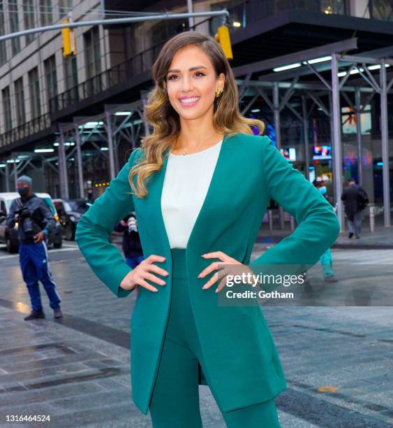 Jessica Alba poses in front of NASDAQ headquarters on the day of the IPO of her company Honest on May 05, 2021 in New York City.