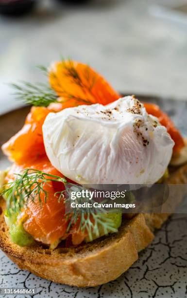 salmon bruschetta with avocado and poached egg - fines herbes stock-fotos und bilder