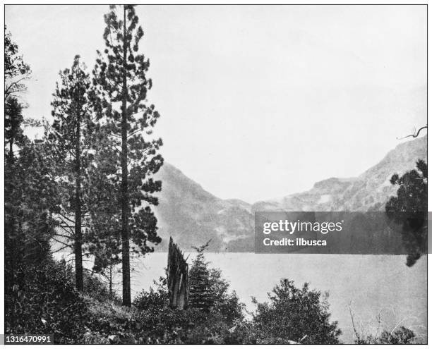 antique black and white photograph of american landmarks: emerald bay, lake tahoe - emerald bay lake tahoe stock illustrations