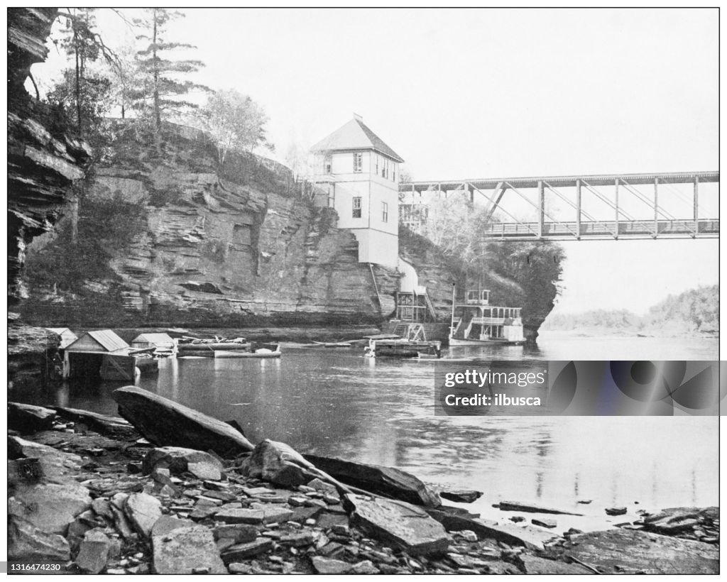Antique black and white photograph of American landmarks: Wisconsin River