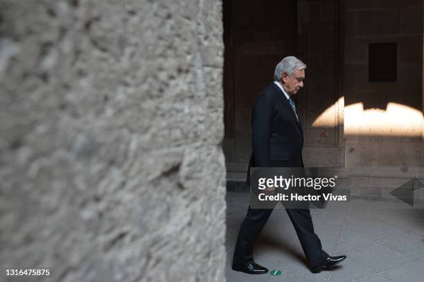 Andres Manuel Lopez Obrador President of Mexico walks during a ceremony to commemorate the 159th anniversary of the Battle of Puebla at Palacio...