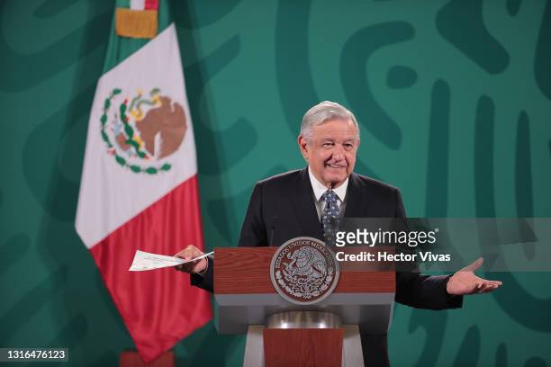 Andres Manuel Lopez Obrador President of Mexico speaks during the daily briefing at Palacio Nacional on May 05, 2021 in Mexico City, Mexico.