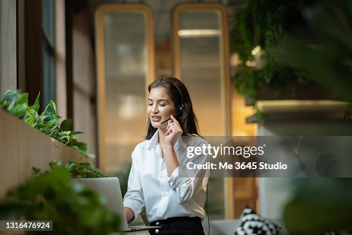 Young women call center support and service customer Young women call center support and service customer
