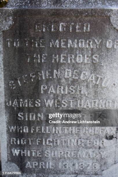 Memorial on a cemetery marker pays tribute to the "u201cheroes who died for white supremacy"u201d in the Colfax massacre of 1863, April 10 in Colfax,...