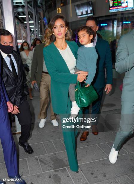 Jessica Alba and her family at NASDAQ headquarters on the day of the IPO of her company Honest on May 05, 2021 in New York City.