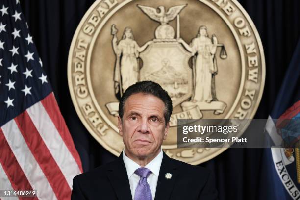 New York Governor Andrew Cuomo speaks to the media at a news conference in Manhattan on May 05, 2021 in New York City. Cuomo has announced that...