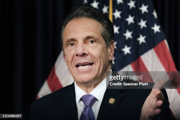 New York Governor Andrew Cuomo speaks to the media at a news conference in Manhattan on May 5, 2021 in New York City. Cuomo has announced that...