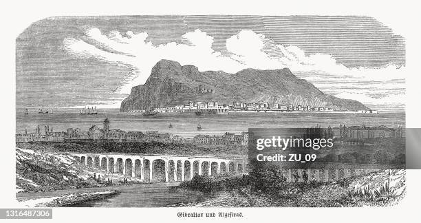 ilustrações de stock, clip art, desenhos animados e ícones de historical view of gibraltar and algeciras, wood engraving, published 1868 - enseada