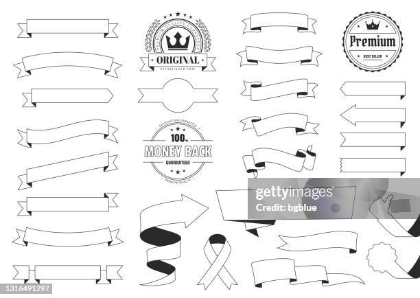 set of ribbons, banners, badges, labels (outline, line art) - design elements on white background - black thumbs up white background stock illustrations
