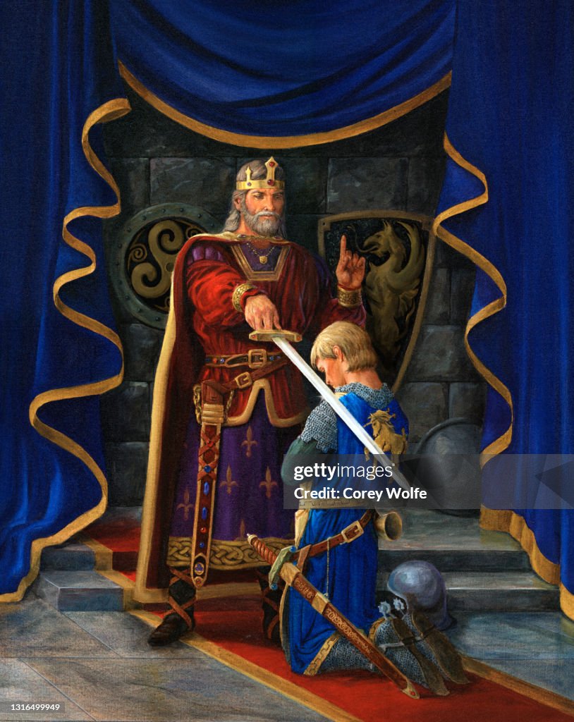 King knighting knight. King Arthur, Lancelot