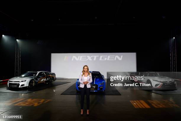 Host Shannon Spake unveils the seventh generation of the NASCAR Cup Series Chevrolet, Ford, and Toyota cars during the NASCAR Next Gen Car...