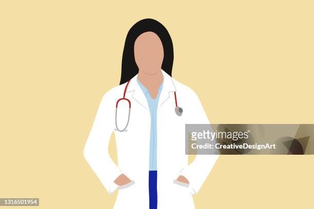 weibliche ärztin mit schwarzen haaren stehende hände in der tasche - doctor stock-grafiken, -clipart, -cartoons und -symbole