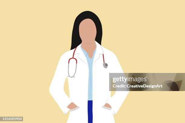 ilustraciones, imágenes clip art, dibujos animados e iconos de stock de doctora con el pelo negro de pie en el bolsillo - una sola mujer joven