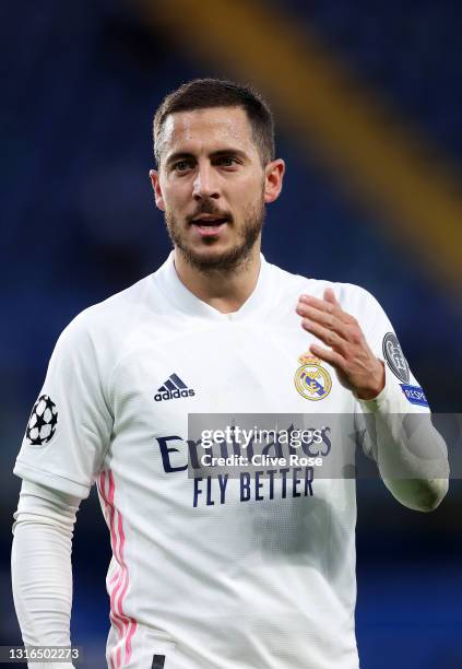 Eden Hazard of Real Madrid reacts during the UEFA Champions League Semi Final Second Leg match between Chelsea and Real Madrid at Stamford Bridge on...