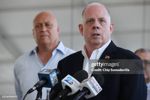 Maryland Governor Larry Hogan speaks during a news conference with Major League Baseball Hall of Fame player Cal Ripken Jr. At the coronavirus mass...