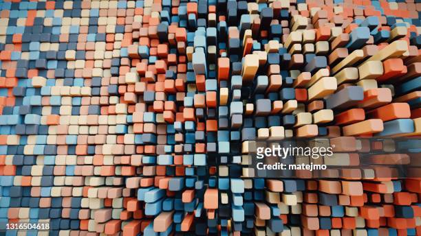 vista superior sobre estructuras de bloques de cubos 3d artificiales multicolores organizadas en un patrón de cuadrícula - rubber fotografías e imágenes de stock
