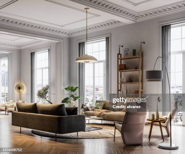 modern interiors of a large living room in 3d - luxury apartment stock pictures, royalty-free photos & images