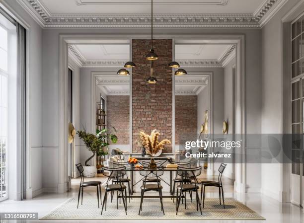 rendering 3d di interni eleganti di una sala da pranzo - veduta di interni foto e immagini stock