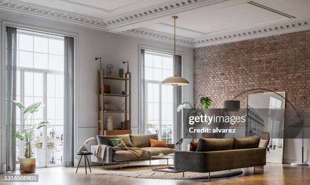 rendering 3d degli interni moderni del soggiorno - lampada elettrica foto e immagini stock