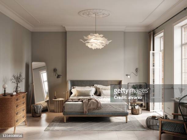 3d-rendering von kleinem schlafzimmer - indoors stock-fotos und bilder