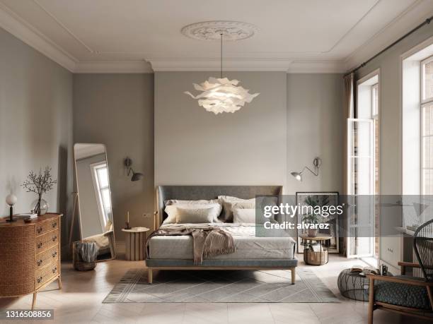 3d rendering of small bedroom - comfortable bedroom stock pictures, royalty-free photos & images