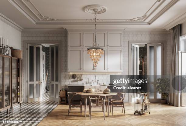 computer generated image of spacious kitchen interior - dining hall stock pictures, royalty-free photos & images