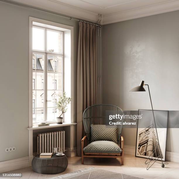 3d rendering of an electric lamp on arm chair in bedroom - lamp shade stock pictures, royalty-free photos & images