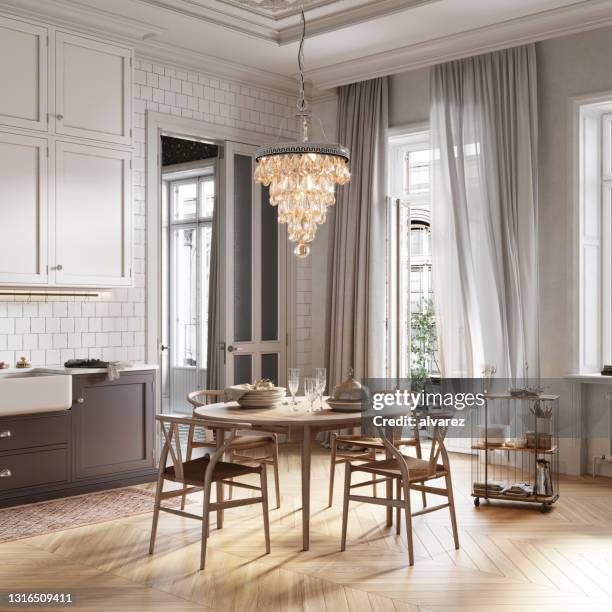 3d-rendering av en matplats i modernt kök - chandelier bildbanksfoton och bilder