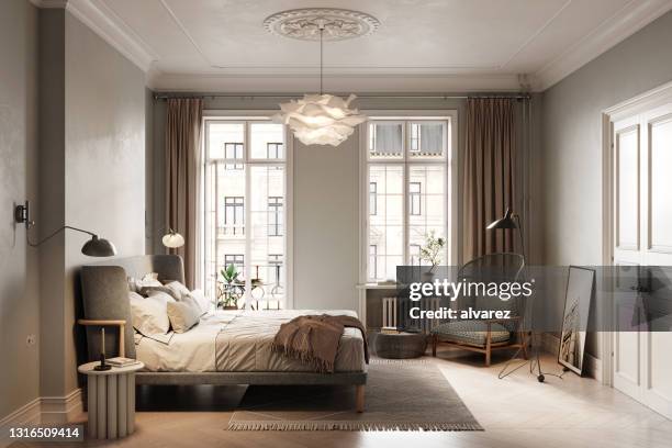 small bedroom digitally generated image - chandelier stock pictures, royalty-free photos & images