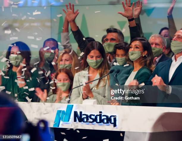 Jessica Alba and her family Haven Warren, Honor Warren, Cash Warren and Hayes Warren are seen at NASDAQ headquarters on the day of the IPO of her...
