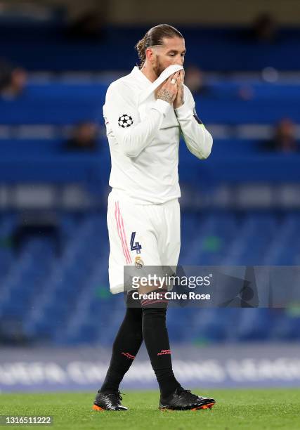 Sergio Ramos of Real Madrid looks dejected after conceding their second goal during the UEFA Champions League Semi Final Second Leg match between...