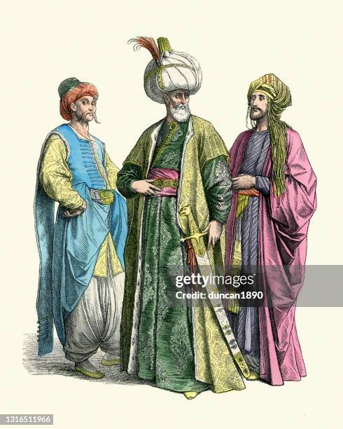 kostüme des türkischen osmanischen sultans und höflinge, geschichte der mode - osmanisches reich stock-grafiken, -clipart, -cartoons und -symbole