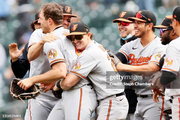 John Means of the Baltimore Orioles reacts after recording the final out of his no-hitter against the Seattle Mariners to win 6-0 at T-Mobile Park on...