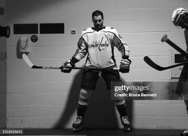 Tom Wilson of the Washington Capitals prepares for warm-ups prior to the game against the New York Rangers at Madison Square Garden on May 05, 2021...