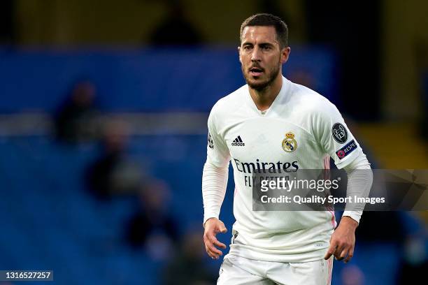 Eden Hazard of Real Madrid looks on during the UEFA Champions League Semi Final Second Leg match between Chelsea and Real Madrid at Stamford Bridge...