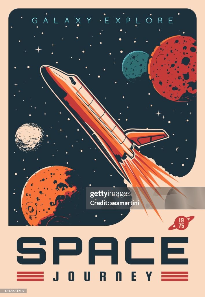 Traveling Rocketship Space Travel With Shuttle Rocketship Retro Poster High-Res Vector ...