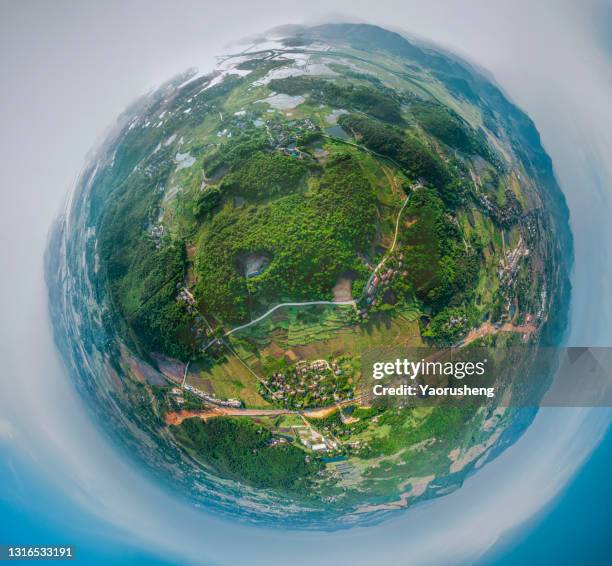 little planet 360-pano view - over a chinese village - anhui pastoral stock pictures, royalty-free photos & images