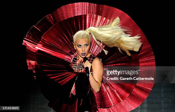 Singer Lady Gaga performs onstage during the MTV Europe Music Awards 2011 live show at at the Odyssey Arena on November 6, 2011 in Belfast, Northern...