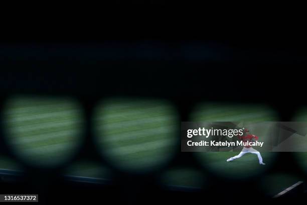 Shohei Ohtani of the Los Angeles Angels warms up before the game against the Tampa Bay Rays at Angel Stadium of Anaheim on May 05, 2021 in Anaheim,...