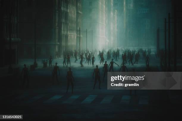 spooky dark streets with hordes of zombies - zombie walk stock pictures, royalty-free photos & images