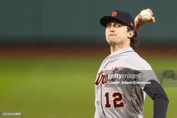 Casey Mize of the Detroit Tigers pitches in the first inning of a game against the Boston Red Sox at Fenway Park on May 5, 2021 in Boston,...