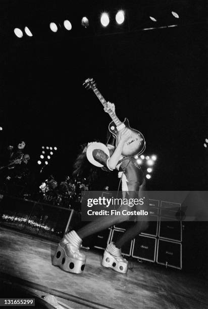 Guitarist Ace Frehley performing with American rock group Kiss, Cleveland, Ohio, 1976.