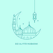 Great mosque islamic worship place on crescent moon frame vector illustration for Happy eid mubarak template design