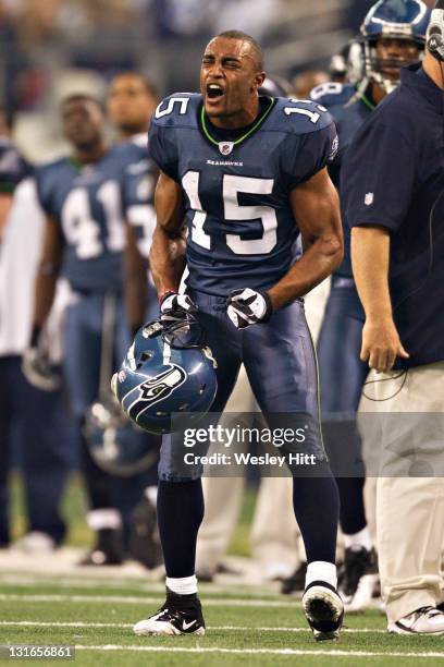 Doug Baldwin of the Seattle Seahawks screams at the Officials during a game against the Dallas Cowboys at Cowboys Stadium on November 6, 2011 in...