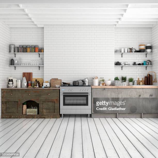 leere vintage klassische küche - kitchen background stock-fotos und bilder