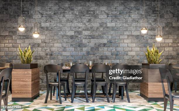 retro restaurant with tables on a distance due to covid-19 epidemic - social distancing restaurant stock pictures, royalty-free photos & images