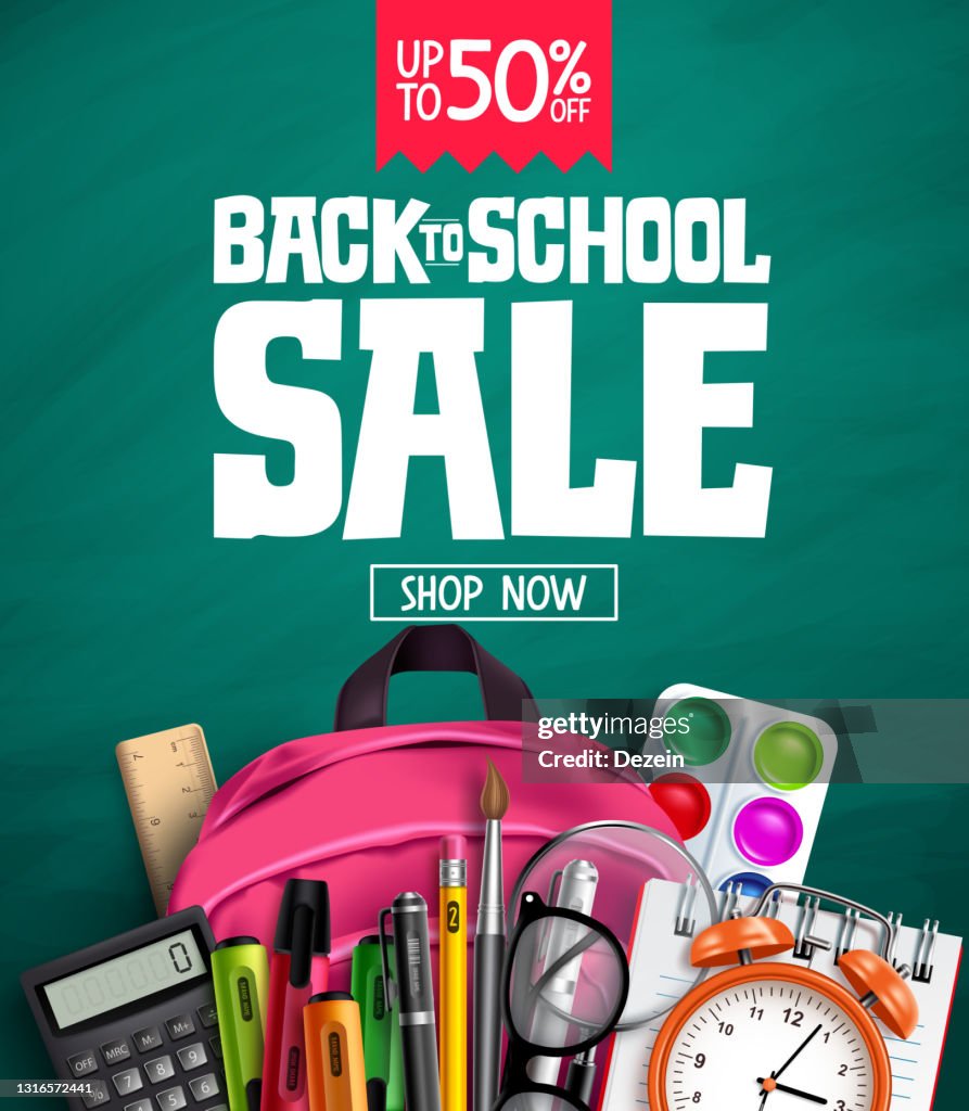 Tillbaka till skolförsäljning vektor banner design. Tillbaka till skolfrämjande text med 50% rabatt på utbildningsmaterial