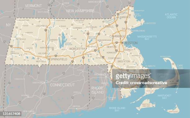 map of massachusetts with highways - new england 幅插畫檔、美工圖案、卡通及圖標