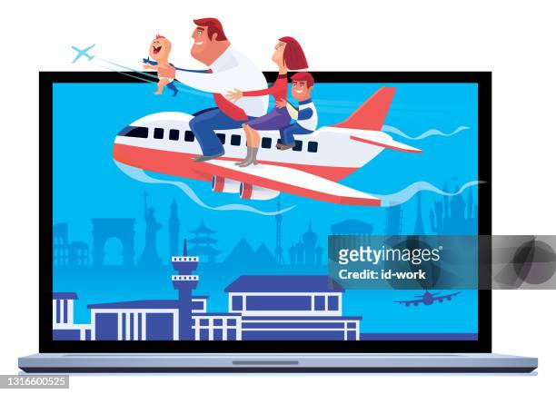 family travelling with laptop - mother and baby and laptop stock illustrations