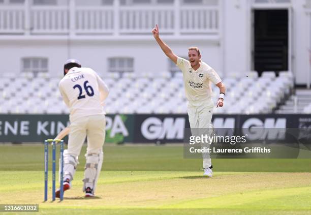 Stuart Broad of Nottinghamshire claims the wicket of Alastair Cook of Essex during the LV Insurance County Championship match between Nottinghamshire...